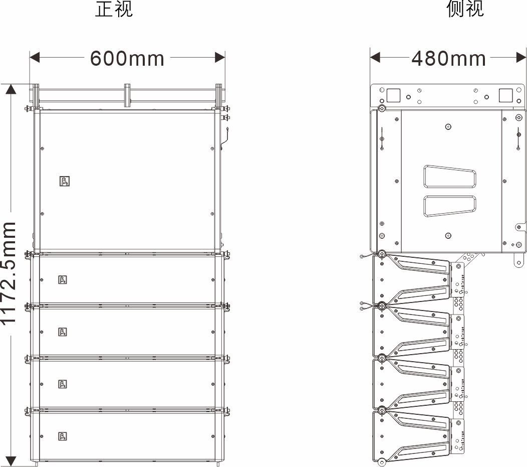 雙5英寸中型陣列揚聲器系統(tǒng)尺寸圖
