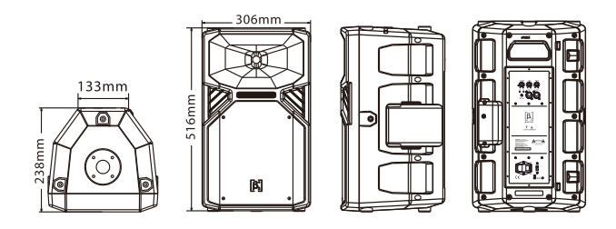 2分頻10英寸DSP有源全頻塑膠揚(yáng)聲器系統(tǒng)尺寸圖