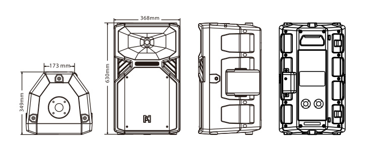 內(nèi)置2分頻12英寸全頻塑膠揚聲器系統(tǒng)尺寸圖
