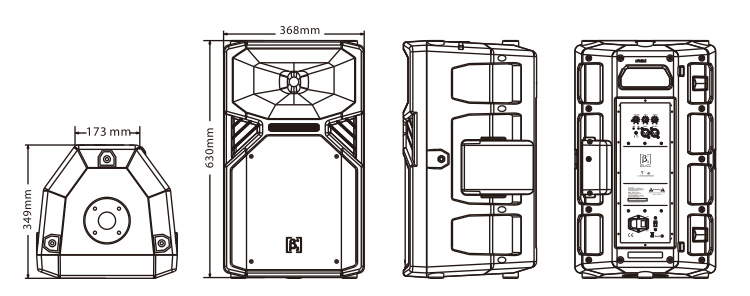 2分頻12英寸DSP有源全頻塑膠揚(yáng)聲器系統(tǒng)尺寸圖